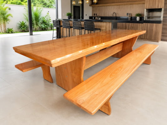 Conjunto Mesa Rústica (300cm x 85cm x 4,5cm) com 2 Bancos Laterais Tampo(300cm X 36cm x 4cm) Madeira Maciça Jequitibá - Acabamento Verniz Auto-Brilho – de 08 a 10 lugares
