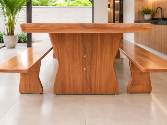 Conjunto Mesa Rústica (300cm x 85cm x 4,5cm) com 2 Bancos Laterais Tampo(300cm X 36cm x 4cm) Madeira Maciça Jequitibá - Acabamento Verniz Auto-Brilho – de 08 a 10 lugares