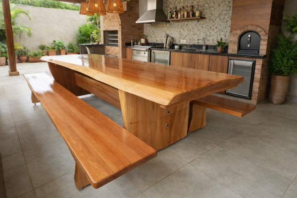 CONJUNTO MESA RÚSTICA (3,0mts X 90cm X 5,5 a 6cm) COM BORDAS ORGÂNICAS E 2 BANCOS RÚSTICOS (3,0mts X 36cm X 4cm) DE MADEIRA 100% MACIÇA JEQUITIBÁ ACABAMENTO Verniz  Auto Brilho