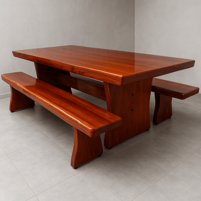Conjunto Mesa Rústica (300cm x 85cm x 5,5cm) com bordas orgânicas e 2 Bancos Rústicos (300cm X 36cm X 4,0cm) de Madeira 100% Maciça - Pés Taça - Acabamento Imbuia – 10 lugares
