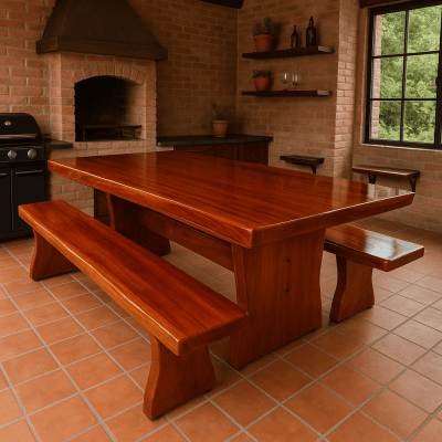 Conjunto Mesa Rústica (300cm x 85cm x 5,5cm) com bordas orgânicas e 2 Bancos Rústicos (300cm X 36cm X 4,0cm) de Madeira 100% Maciça - Pés Taça - Acabamento Imbuia – 10 lugares
