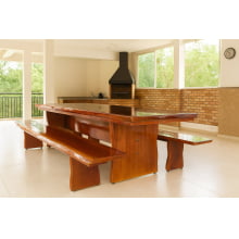 Conjunto Mesa Rústica (300cm x 85cm x 5,5cm) com bordas orgânicas e 2 Bancos Rústicos (300cm X 36cm X 4,0cm) de Madeira 100% Maciça - Pés Taça - Acabamento Imbuia – 10 lugares