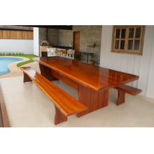 Conjunto Mesa Rústica (300cm x 85cm x 5,5cm) com bordas orgânicas e 2 Bancos Rústicos (300cm X 36cm X 4,0cm) de Madeira 100% Maciça - Pés Taça - Acabamento Imbuia – 10 lugares