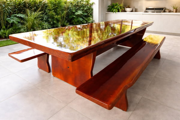 Conjunto Mesa Rústica (300cm x 85cm x 5,5cm) com bordas orgânicas e 2 Bancos Rústicos (300cm X 36cm X 4,0cm) de Madeira 100% Maciça - Pés Taça - Acabamento IMBUIA ESCURO – 10 lugares