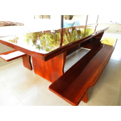 Conjunto Mesa Rústica (300cm x 90cm x 6cm) com bordas orgânicas com 2 Bancos Rústicos (300cm X 36cm) Madeira Maciça Acabamento Imbuia – 10 lugares