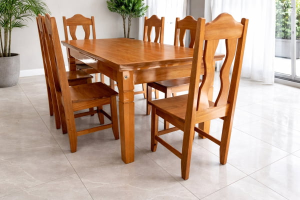 Conjunto Mesa Rústica Jantar Tampão(180cm x 90cm) 4 Pernas com 6 Cadeiras Coloniais - Acabamento Verniz Auto Brilho - Madeira 100% Maciça Jequitibá – 6 lugares 