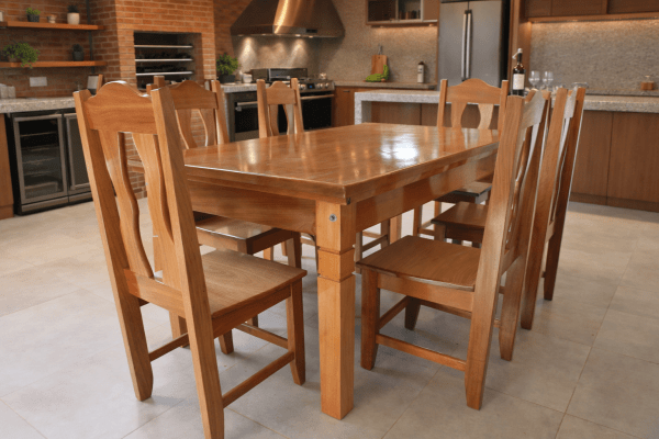 Conjunto Mesa Rústica Jantar Tampão(180cm x 90cm) 4 Pernas com 6 Cadeiras Coloniais - Acabamento Verniz Auto Brilho - Madeira 100% Maciça Jequitibá – 6 lugares 