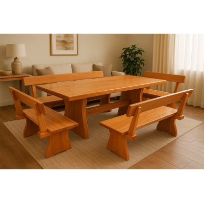 Conjunto Mesa Rústica Madeira (2,50mts X 90cm X 6cm) com bordas orgânicas com 2 bancos laterais (2,50mts X 36cm X 4cm) e 2 bancos cabeceiras (85cm X 36cm X 4cm), todos com encosto, madeira Jequitibá acabamento Verniz Auto-Brilho