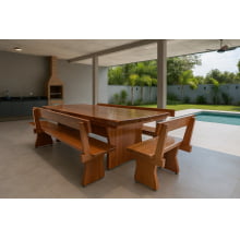 Conjunto Mesa Rústica Madeira (2,50mts X 90cm X 6cm) com bordas orgânicas com 2 bancos laterais (2,50mts X 36cm X 4cm) e 2 bancos cabeceiras (85cm X 36cm X 4cm), todos com encosto, madeira Jequitibá acabamento Verniz Auto-Brilho