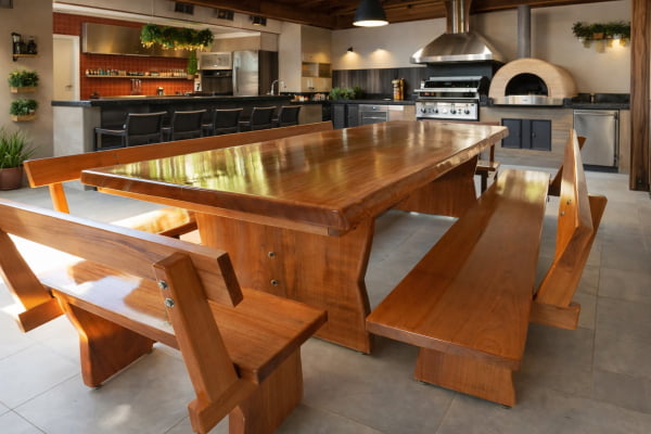 Conjunto Mesa Rústica Madeira (2,50mts X 90cm X 6cm) com bordas orgânicas com 2 bancos laterais (2,50mts X 36cm X 4cm) e 2 bancos cabeceiras (85cm X 36cm X 4cm), todos com encosto, madeira Jequitibá acabamento Verniz Auto-Brilho