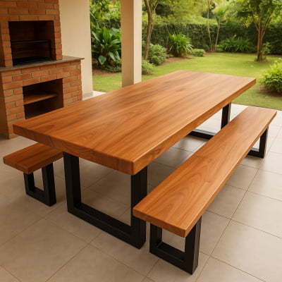 Conjunto Mesa Rústica Madeira Maciça de Jequitibá Tampão(300cm x 90cm x 6cm) com 2 Bancos Rústicos Tampão(300cm X 36 X 4cm) com Pés de Ferro Metalom 100mm x 100mm Acabamento Fosco
