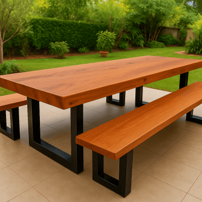 Conjunto Mesa Rústica Madeira Maciça de Jequitibá Tampão(300cm x 90cm x 6cm) com 2 Bancos Rústicos Tampão(300cm X 36 X 4cm) com Pés de Ferro Metalom 100mm x 100mm Acabamento Fosco
