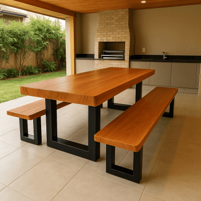 Conjunto Mesa Rústica Madeira Maciça de Jequitibá Tampão(300cm x 90cm x 6cm) com 2 Bancos Rústicos Tampão(300cm X 36 X 4cm) com Pés de Ferro Metalom 100mm x 100mm Acabamento Fosco