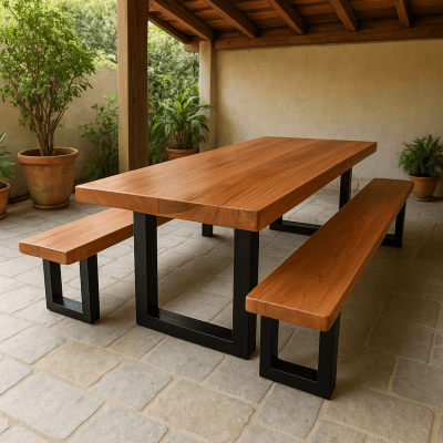 Conjunto Mesa Rústica Madeira Maciça de Jequitibá Tampão(300cm x 90cm x 6cm) com 2 Bancos Rústicos Tampão(300cm X 36 X 4cm) com Pés de Ferro Metalom 100mm x 100mm Acabamento Fosco