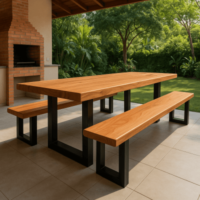 Conjunto Mesa Rústica Madeira Maciça de Jequitibá Tampão(300cm x 90cm x 6cm) com 2 Bancos Rústicos Tampão(300cm X 36 X 4cm) com Pés de Ferro Metalom 100mm x 100mm Acabamento Fosco