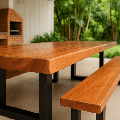 Conjunto Mesa Rústica Madeira Maciça de Jequitibá Tampão(300cm x 90cm x 6cm) com 2 Bancos Rústicos Tampão(300cm X 36 X 4cm) com Pés de Ferro Metalom 100mm x 100mm Acabamento Fosco
