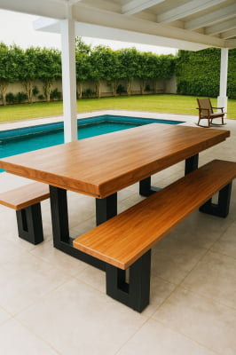 Conjunto Mesa Rústica Madeira Maciça de Jequitibá Tampão(300cm x 86cm x 6cm) com 2 Bancos Rústicos Tampão(300cm X 36 X 4cm) com Pés de Ferro Metalom 100mm x 100mm Acabamento Fosco
