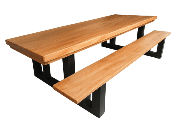 Conjunto Mesa Rústica Madeira Maciça de Jequitibá Tampão(300cm x 86cm x 6cm) com 2 Bancos Rústicos Tampão(300cm X 36 X 4cm) com Pés de Ferro Metalom 100mm x 100mm Acabamento Fosco