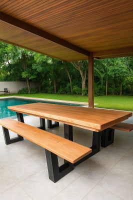 Conjunto Mesa Rústica Madeira Maciça de Jequitibá Tampão(300cm x 86cm x 6cm) com 2 Bancos Rústicos Tampão(300cm X 36 X 4cm) com Pés de Ferro Metalom 100mm x 100mm Acabamento Fosco