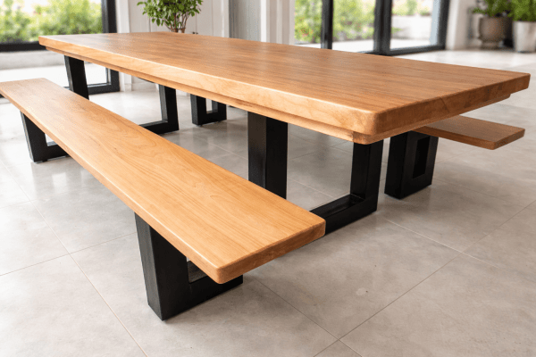 Conjunto Mesa Rústica Madeira Maciça de Jequitibá Tampão(300cm x 86cm x 6cm) com 2 Bancos Rústicos Tampão(300cm X 36 X 4cm) com Pés de Ferro Metalom 100mm x 100mm Acabamento Fosco