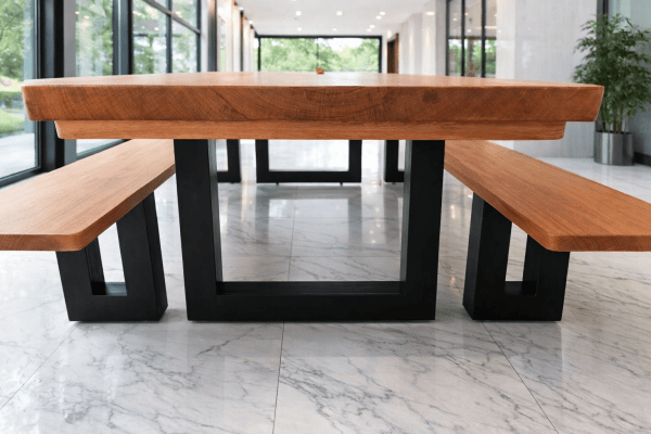 Conjunto Mesa Rústica Madeira Maciça de Jequitibá Tampão(300cm x 86cm x 6cm) com 2 Bancos Rústicos Tampão(300cm X 36 X 4cm) com Pés de Ferro Metalom 100mm x 100mm Acabamento Fosco