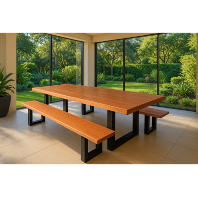 Conjunto Mesa Rústica Madeira Maciça de Jequitibá Tampão(300cm x 90cm x 6cm) com 2 Bancos Rústicos Tampão(300cm X 36 X 4cm) com Pés de Ferro Metalom 100mm x 100mm Acabamento Fosco