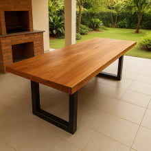 Conjunto Mesa Rústica Madeira Maciça de Jequitibá Tampão(300cm x 90cm x 6cm) com 2 Bancos Rústicos Tampão(300cm X 36 X 4cm) com Pés de Ferro Metalom 100mm x 100mm Acabamento Fosco