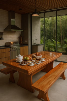 Conjunto Mesa Rústica Madeira Maciça Jequitibá (200cm x 90cm x 5,5cm) com 2 Bancos Rústicos (200cm X 36cm x 4cm) Pés Taça Acabamento Verniz Auto Brilho – 06 lugares 