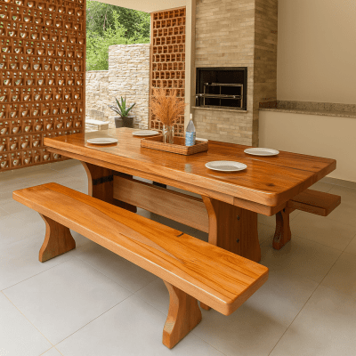 Conjunto Mesa Rústica Madeira Maciça Jequitibá (200cm x 90cm x 5,5cm) com 2 Bancos Rústicos (200cm X 36cm x 4cm) Pés Taça Acabamento Verniz Auto Brilho – 06 lugares 