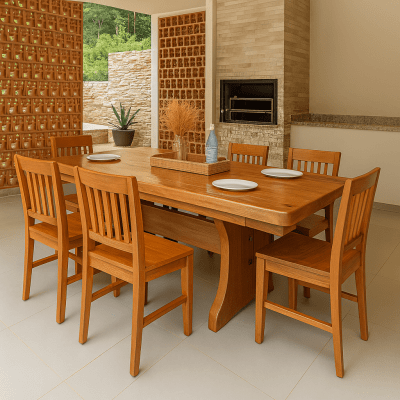 Conjunto Mesa Rústica Madeira Maciça Jequitibá (200cm x 90cm x 5,5cm) com 2 Bancos Rústicos (200cm X 36cm x 4cm) Pés Taça Acabamento Verniz Auto Brilho – 06 lugares 