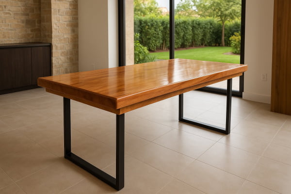 Conjunto Mesa Rústica Madeira Maciça Jequitibá (200cm x 90cm x 5,5cm) com 2 Bancos Rústicos (200cm X 36cm x 4cm) Pés Taça Acabamento Verniz Auto Brilho – 06 lugares 