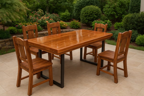 Conjunto Mesa Rústica Madeira Maciça Jequitibá (200cm x 90cm x 5,5cm) com 2 Bancos Rústicos (200cm X 36cm x 4cm) Pés Taça Acabamento Verniz Auto Brilho – 06 lugares 