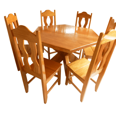 Conjunto Mesa Rústica Redonda Sextavada (1,20Mts x 1,20mts x 4cm) com 6 Cadeiras Rústicas Coloniais, tudo em Madeira Maciça de Jequitibá – 06 lugares