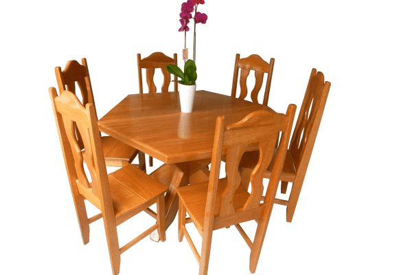 Conjunto Mesa Rústica Redonda Sextavada (1,20Mts x 1,20mts x 4cm) com 6 Cadeiras Rústicas Coloniais, tudo em Madeira Maciça de Jequitibá – 06 lugares