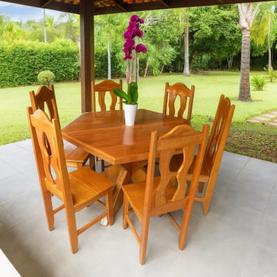 Conjunto Mesa Rústica Redonda Sextavada (1,20Mts x 1,20mts x 4cm) com 6 Cadeiras Rústicas Coloniais, tudo em Madeira Maciça de Jequitibá – 06 lugares