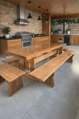 Conjunto Mesa Rústica Tampão(250cm x 80cm x 5,5cm) com 2 Bancos Laterais Tampão(250cm x 36cm x 4cm) e 2 Bancos Cabeceira Tampão(80cm x 36cm x 4cm) Pés Mesa Exclusivos - Acabamento Verniz Auto-Brilho - 10 lugares