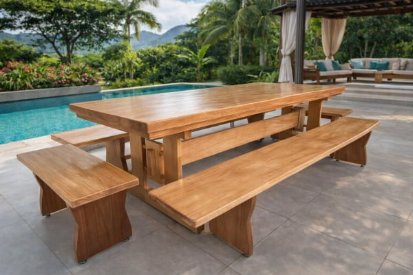 Conjunto Mesa Rústica Tampão(250cm x 80cm x 5,5cm) com 2 Bancos Laterais Tampão(250cm x 36cm x 4cm) e 2 Bancos Cabeceira Tampão(80cm x 36cm x 4cm) Pés Mesa Exclusivos - Acabamento Verniz Auto-Brilho - 10 lugares Conjunto Mesa Rústica Tampão(250cm x 80cm x 5,5cm) com 2 Bancos Laterais Tampão(250cm x 36cm x 4cm) e 2 Bancos Cabeceira Tampão(80cm x 36cm x 4cm) Pés Mesa Exclusivos - Acabamento Verniz Auto-Brilho - 10 lugares