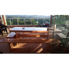 Conjunto Mesa Rústica Tampão(350cm x 90cm x 5,5cm) com 2 Bancos Laterais Tampão(350cm x 36cm x 4cm)  Pés Mesa Exclusivos - Acabamento Verniz Auto-Brilho - 12 lugares