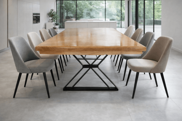 Mesa de Conferência Madeira Maciça Jequitibá Tampão (400cm x 90cm x 5cm) com Pés de Ferro Acabamento Verniz PU Auto Sólidos Incolor Auto Brilho – 10 a 12 lugares - Não acompanha Cadeiras