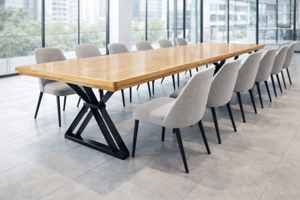 Mesa de Conferência Madeira Maciça Jequitibá Tampão (400cm x 90cm x 5cm) com Pés de Ferro Acabamento Verniz PU Auto Sólidos Incolor Auto Brilho – 10 a 12 lugares - Não acompanha Cadeiras