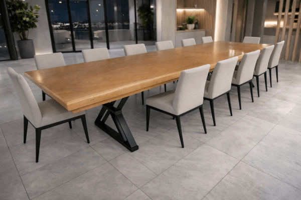 Mesa de Conferência Madeira Maciça Jequitibá Tampão (400cm x 90cm x 5cm) com Pés de Ferro Acabamento Verniz PU Auto Sólidos Incolor Auto Brilho – 10 a 12 lugares - Não acompanha Cadeiras