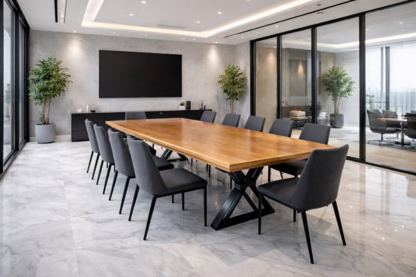 Mesa de Conferência Madeira Maciça Jequitibá Tampão (400cm x 90cm x 5cm) com Pés de Ferro Acabamento Verniz PU Auto Sólidos Incolor Auto Brilho – 10 a 12 lugares - Não acompanha Cadeiras