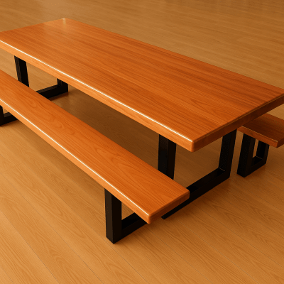 Mesa Rústica Madeira Maciça de Jequitibá Tampão(350cm x 90cm x 5,5cm)   com 2 Bancos Laterais medidas(350cm x 36cm x 4cm) tudo com Pés de Ferro Metalom Preto 100mm x 100mm - Acabamento Verniz Auto Brilho - 12 Pessoas