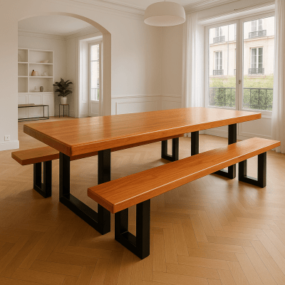 Mesa Rústica Madeira Maciça de Jequitibá Tampão(350cm x 90cm x 5,5cm)   com 2 Bancos Laterais medidas(350cm x 36cm x 4cm) tudo com Pés de Ferro Metalom Preto 100mm x 100mm - Acabamento Verniz Auto Brilho - 12 Pessoas