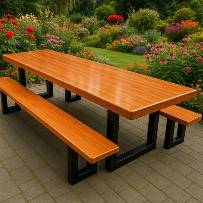 Mesa Rústica Madeira Maciça de Jequitibá Tampão(350cm x 90cm x 5,5cm)   com 2 Bancos Laterais medidas(350cm x 36cm x 4cm) tudo com Pés de Ferro Metalom Preto 100mm x 100mm - Acabamento Verniz Auto Brilho - 12 Pessoas