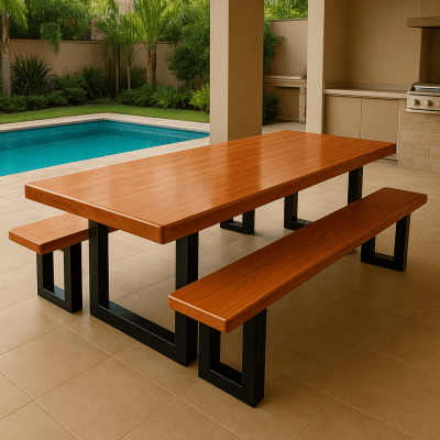 Mesa Rústica Madeira Maciça de Jequitibá Tampão(350cm x 90cm x 5,5cm)   com 2 Bancos Laterais medidas(350cm x 36cm x 4cm) tudo com Pés de Ferro Metalom Preto 100mm x 100mm - Acabamento Verniz Auto Brilho - 12 Pessoas