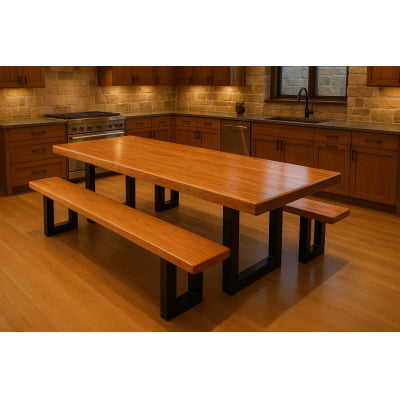 Mesa Rústica Madeira Maciça de Jequitibá Tampão(350cm x 90cm x 5,5cm)   com 2 Bancos Laterais medidas(350cm x 36cm x 4cm) tudo com Pés de Ferro Metalom Preto 100mm x 100mm - Acabamento Verniz Auto Brilho - 12 Pessoas