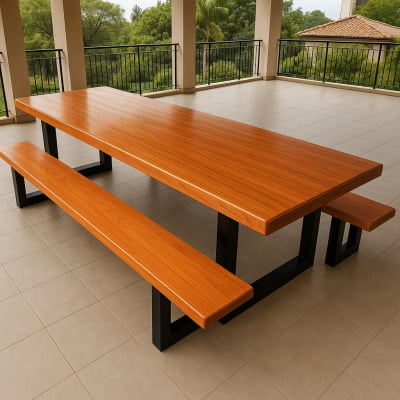 Mesa Rústica Madeira Maciça de Jequitibá Tampão(350cm x 90cm x 5,5cm)   com 2 Bancos Laterais medidas(350cm x 36cm x 4cm) tudo com Pés de Ferro Metalom Preto 100mm x 100mm - Acabamento Verniz Auto Brilho - 12 Pessoas
