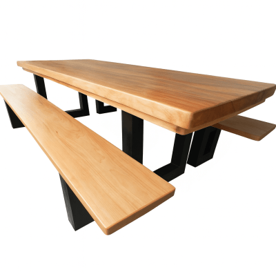 Mesa Rústica Madeira Maciça de Jequitibá Tampão(350cm x 90cm x 5,5cm)   com 2 Bancos Laterais medidas(350cm x 36cm x 4cm) tudo com Pés de Ferro Metalom Preto 100mm x 100mm - Acabamento FOSCO - 12 Pessoas