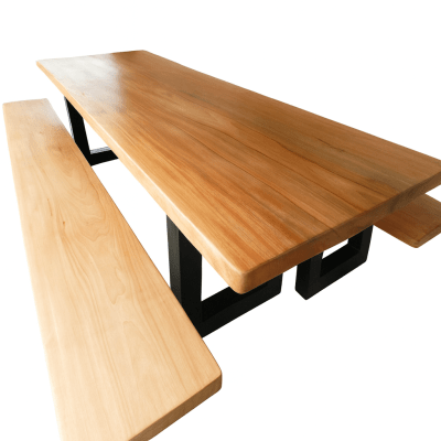 Mesa Rústica Madeira Maciça de Jequitibá Tampão(350cm x 90cm x 5,5cm)   com 2 Bancos Laterais medidas(350cm x 36cm x 4cm) tudo com Pés de Ferro Metalom Preto 100mm x 100mm - Acabamento FOSCO - 12 Pessoas